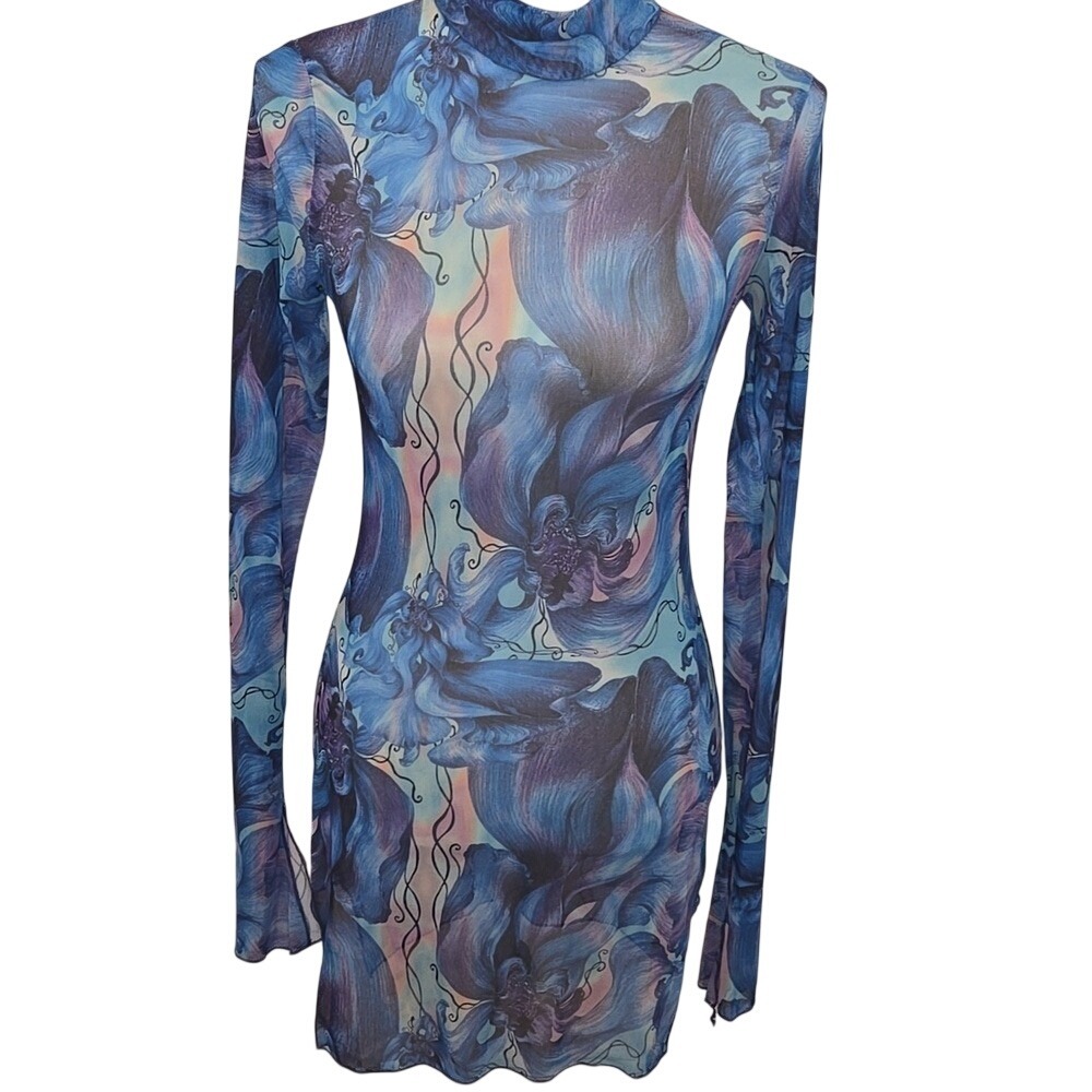 Sheer Mesh Dress‎ Floral Long Bell Sleeve Mock-Neck Whimsigoth Fairy - Small